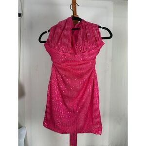 Hot Pink Sequin Halter Mini Dress Draped Back Detail Party Cocktail Size 0